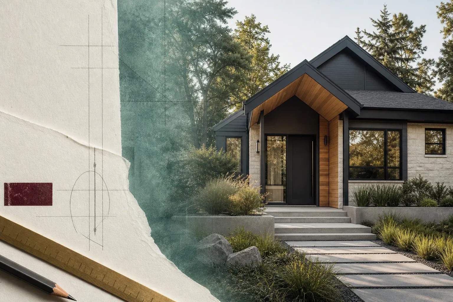 California home exterior with drafting details and a key for a buying or selling decision