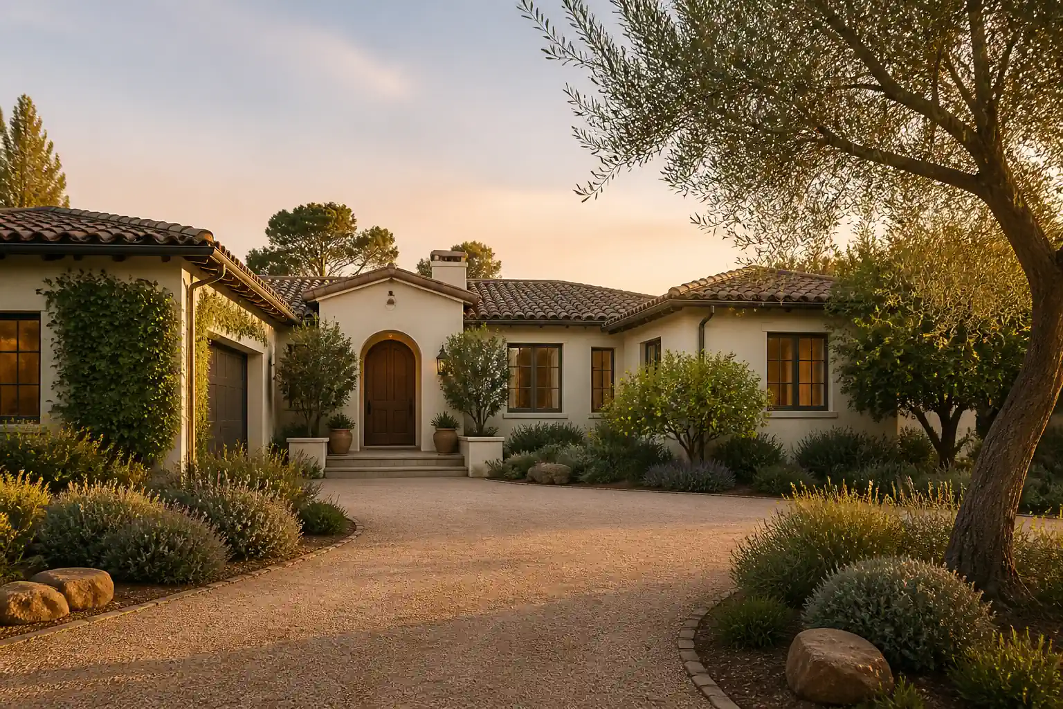 Warm California residence in calm evening light for property planning